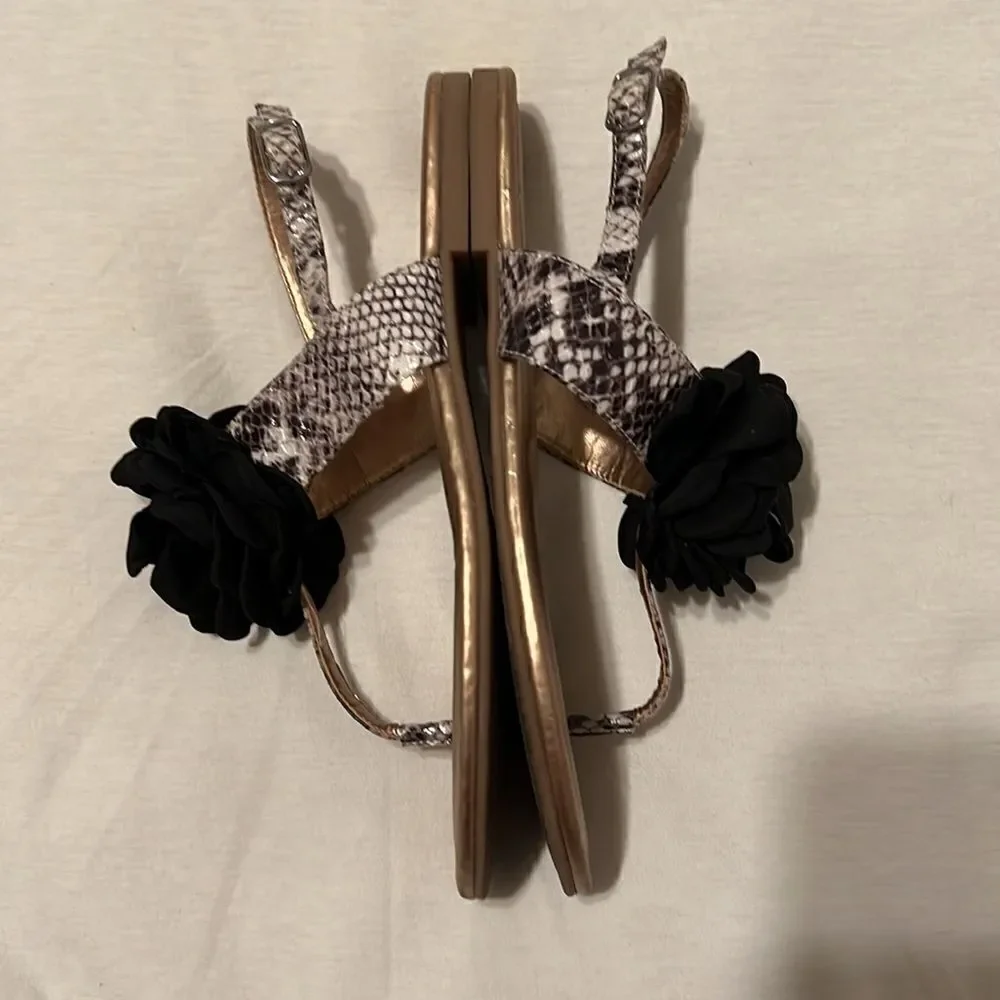 BCBGeneration sz 7 gold sandals w/black flower & snake print straps GUC No box